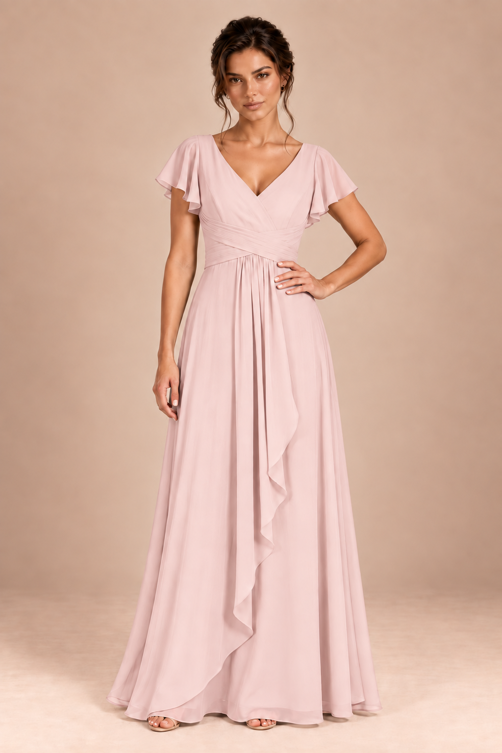V-Neck Flutter Sleeve Chiffon Bridesmaid Dress