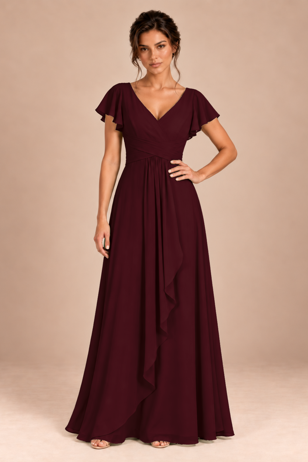 V-Neck Flutter Sleeve Chiffon Bridesmaid Dress