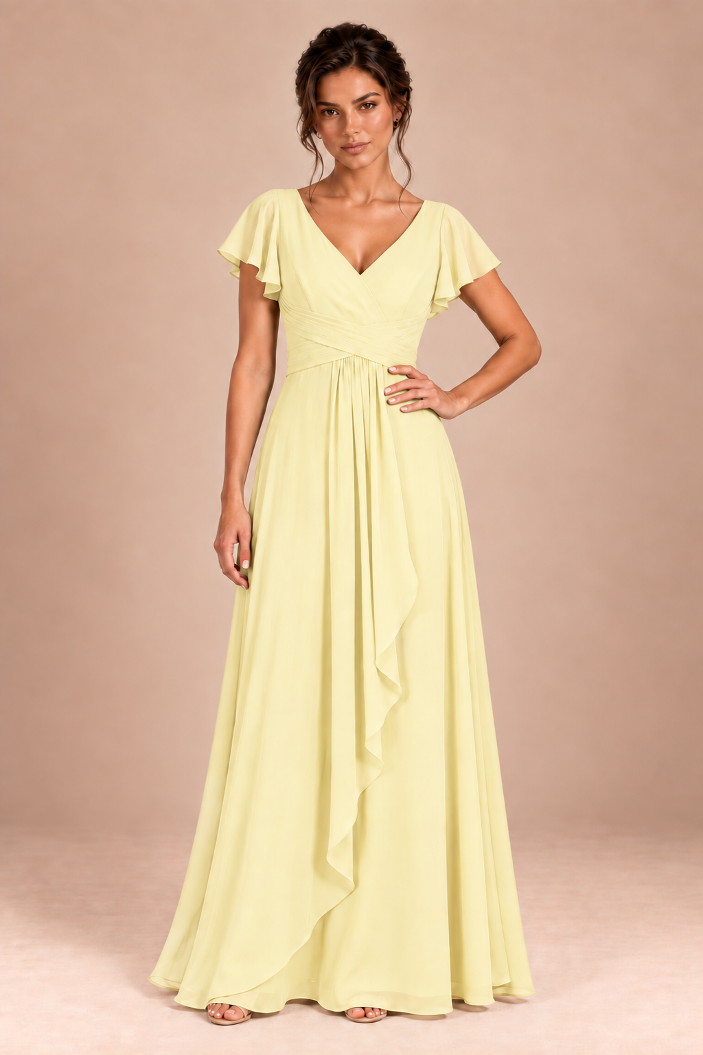 V-Neck Flutter Sleeve Chiffon Bridesmaid Dress