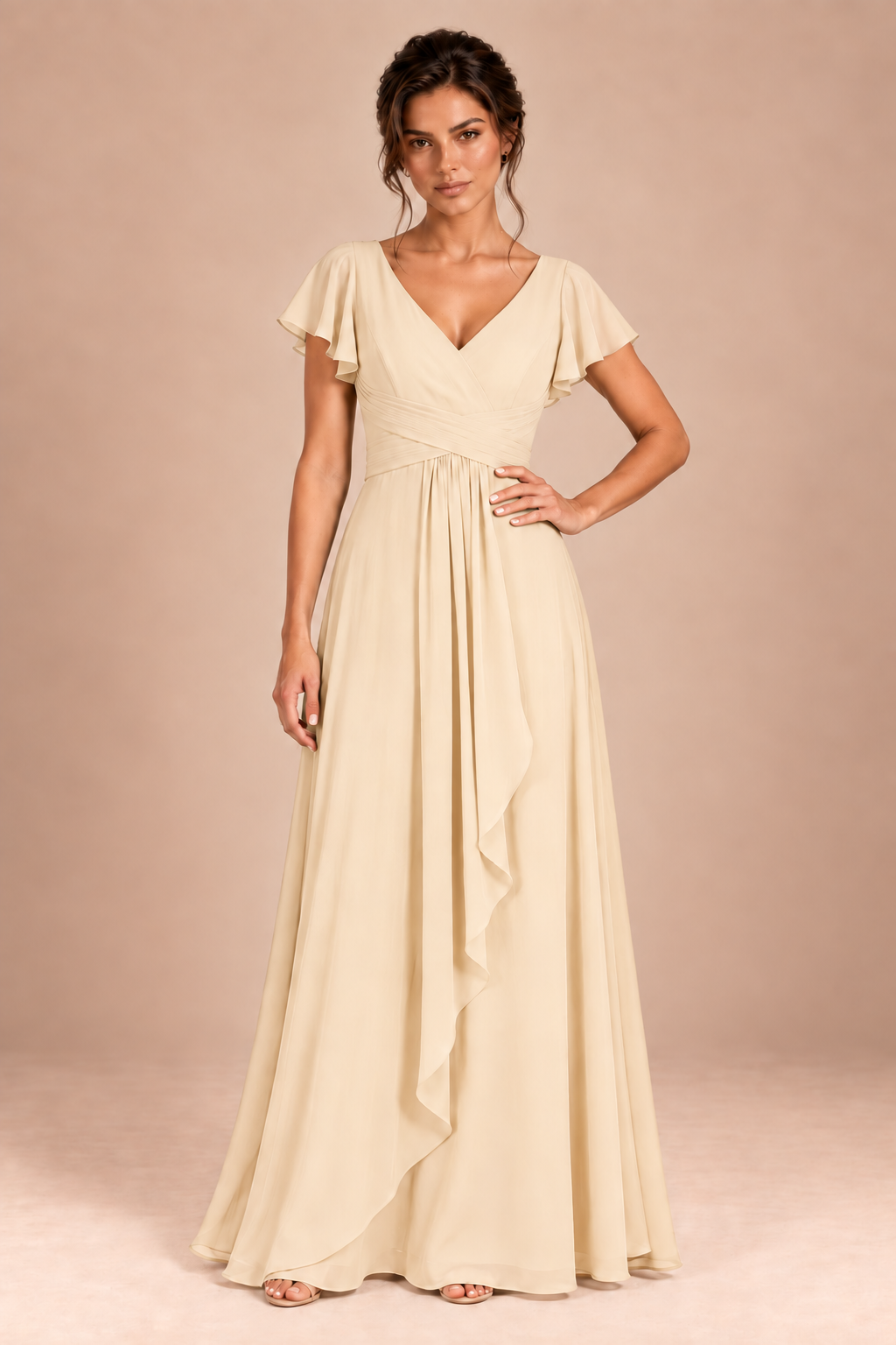 V-Neck Flutter Sleeve Chiffon Bridesmaid Dress