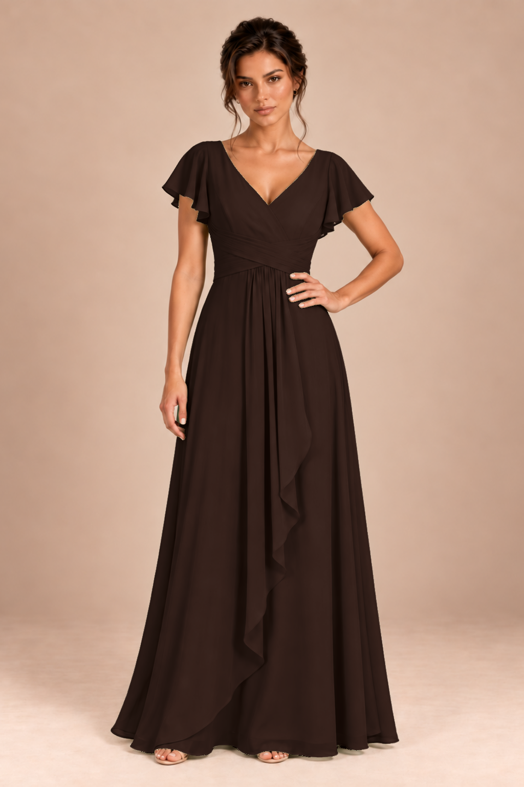 V-Neck Flutter Sleeve Chiffon Bridesmaid Dress