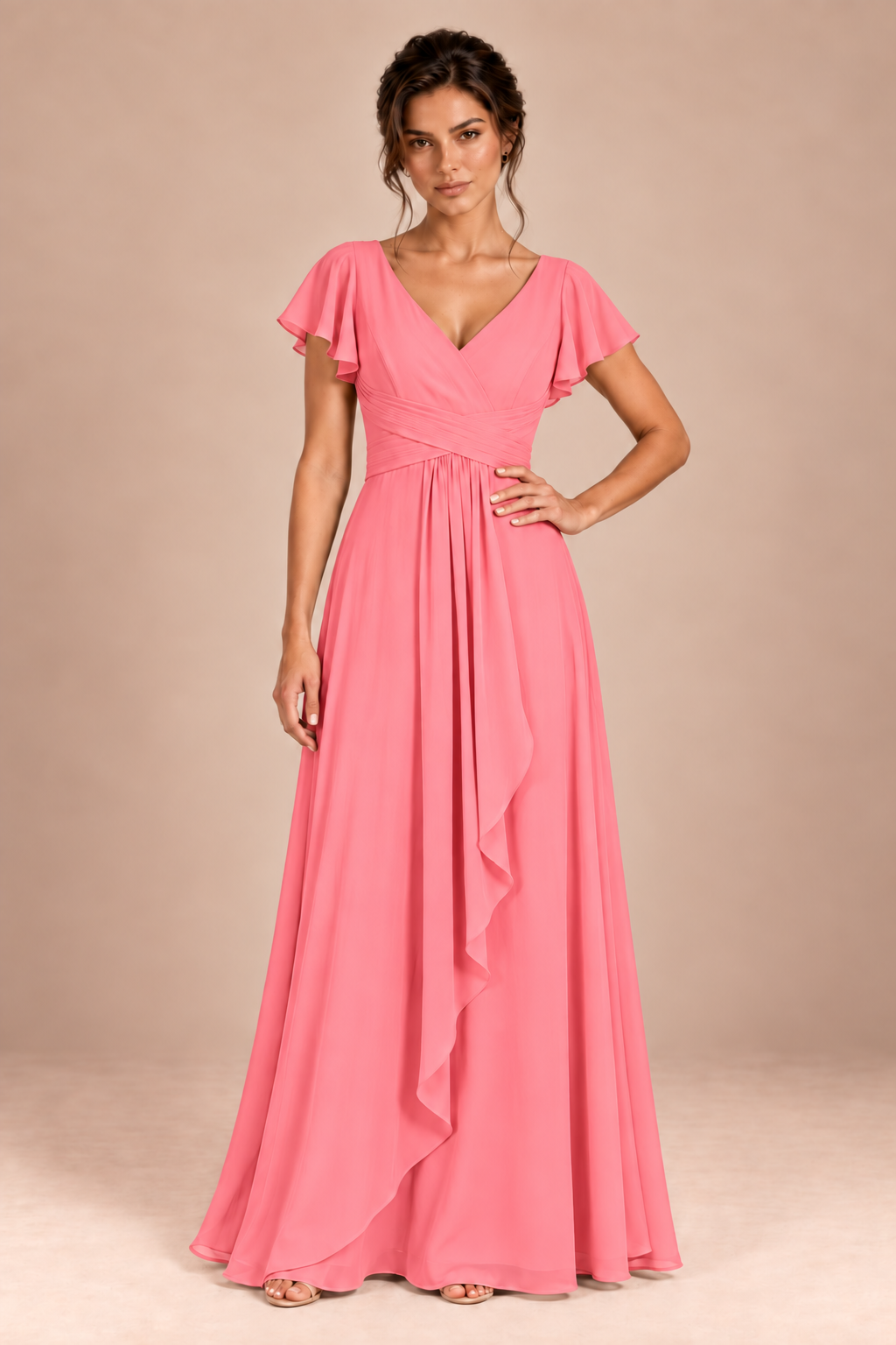 V-Neck Flutter Sleeve Chiffon Bridesmaid Dress
