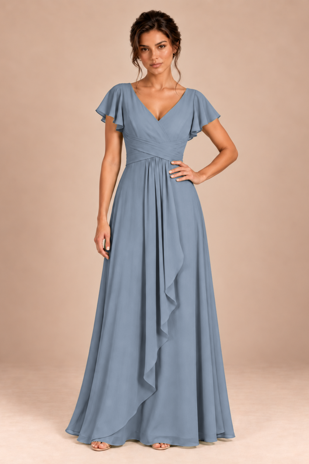 V-Neck Flutter Sleeve Chiffon Bridesmaid Dress