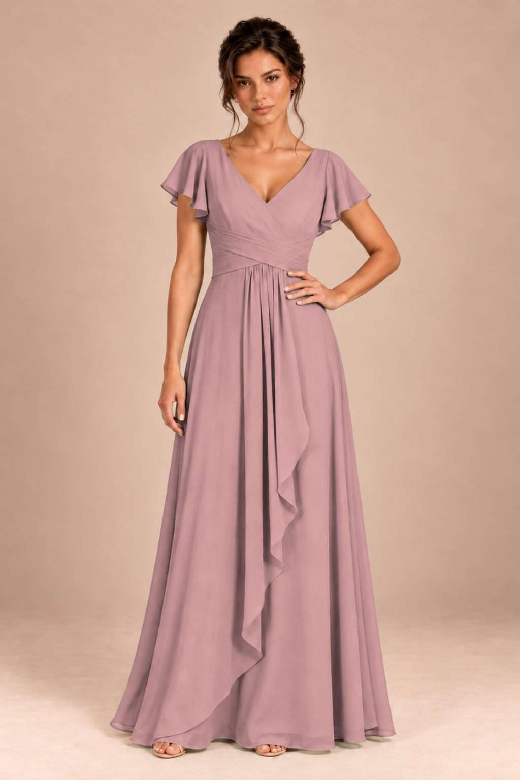 V-Neck Flutter Sleeve Chiffon Bridesmaid Dress