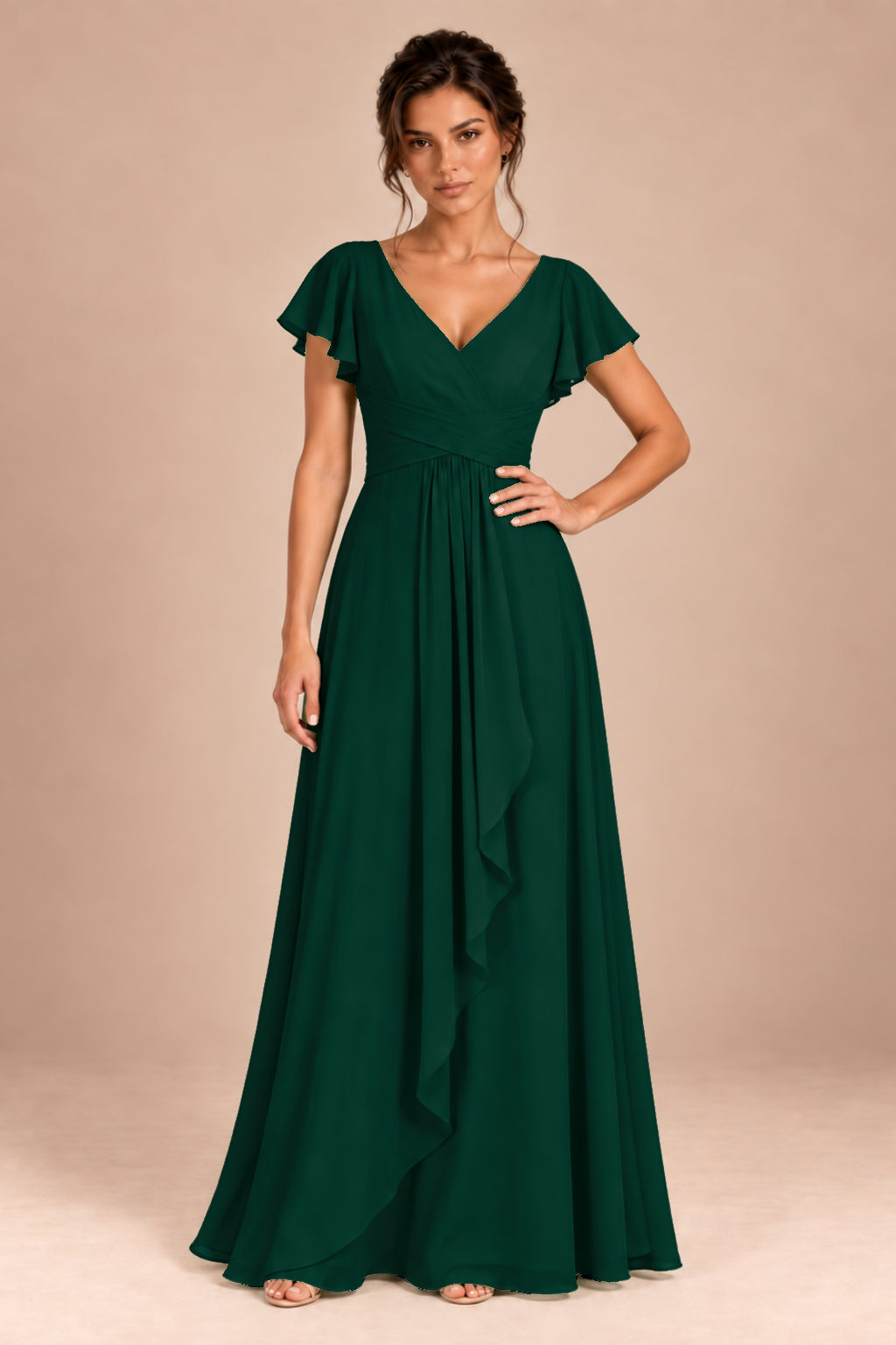 V-Neck Flutter Sleeve Chiffon Bridesmaid Dress