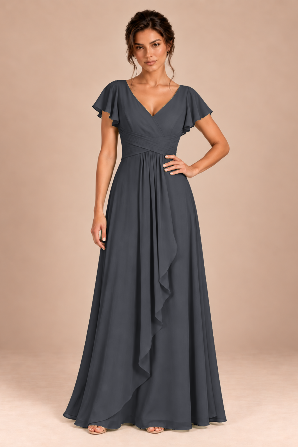 V-Neck Flutter Sleeve Chiffon Bridesmaid Dress
