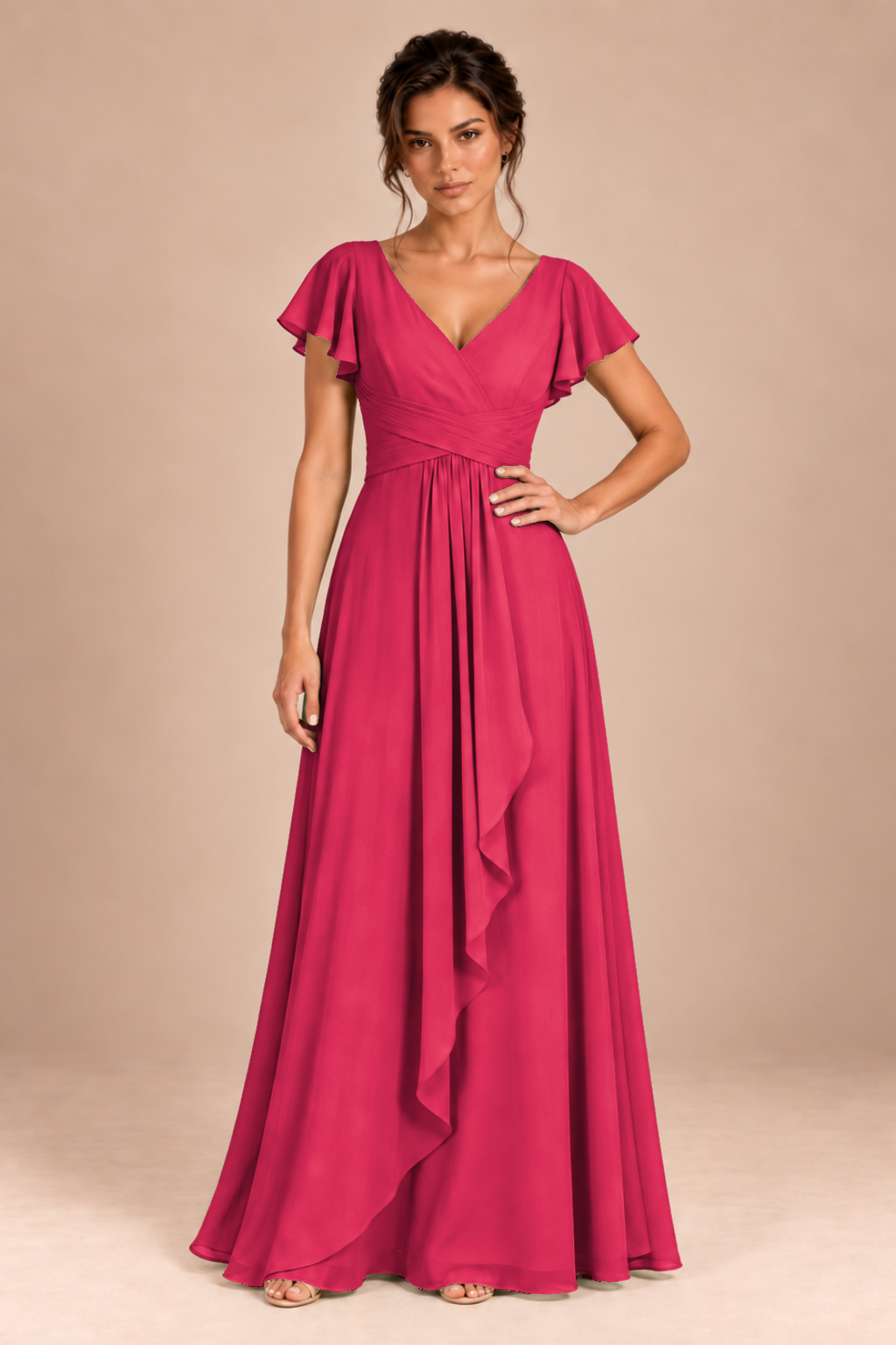 V-Neck Flutter Sleeve Chiffon Bridesmaid Dress