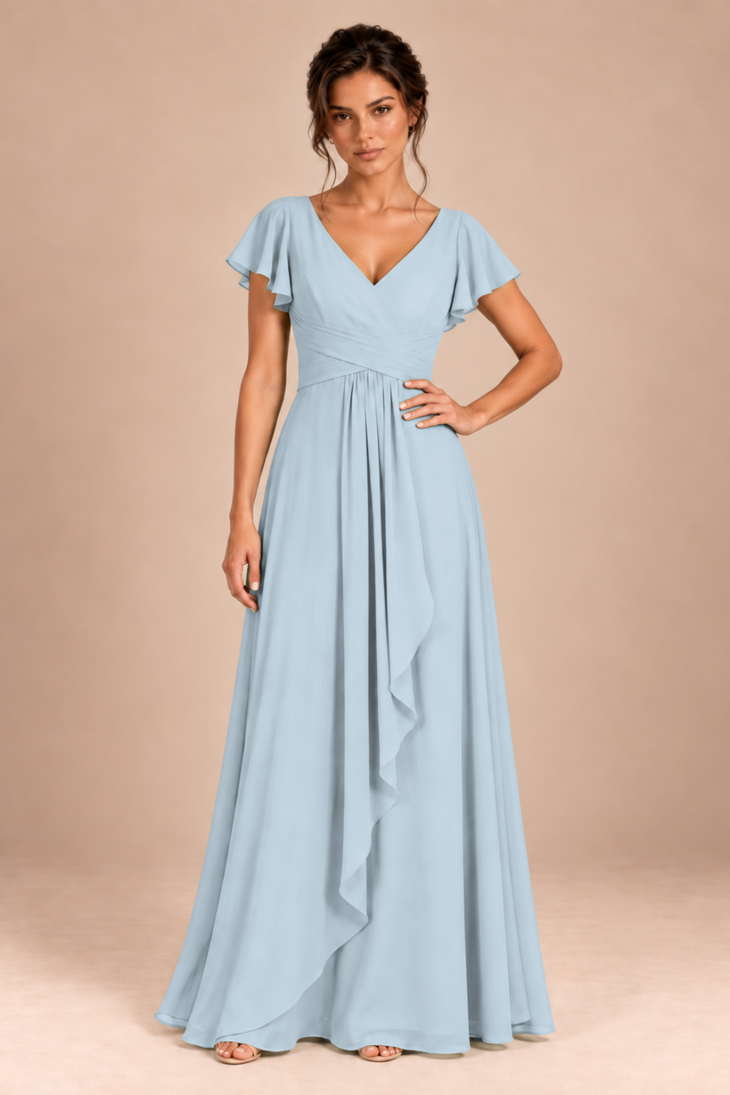 V-Neck Flutter Sleeve Chiffon Bridesmaid Dress