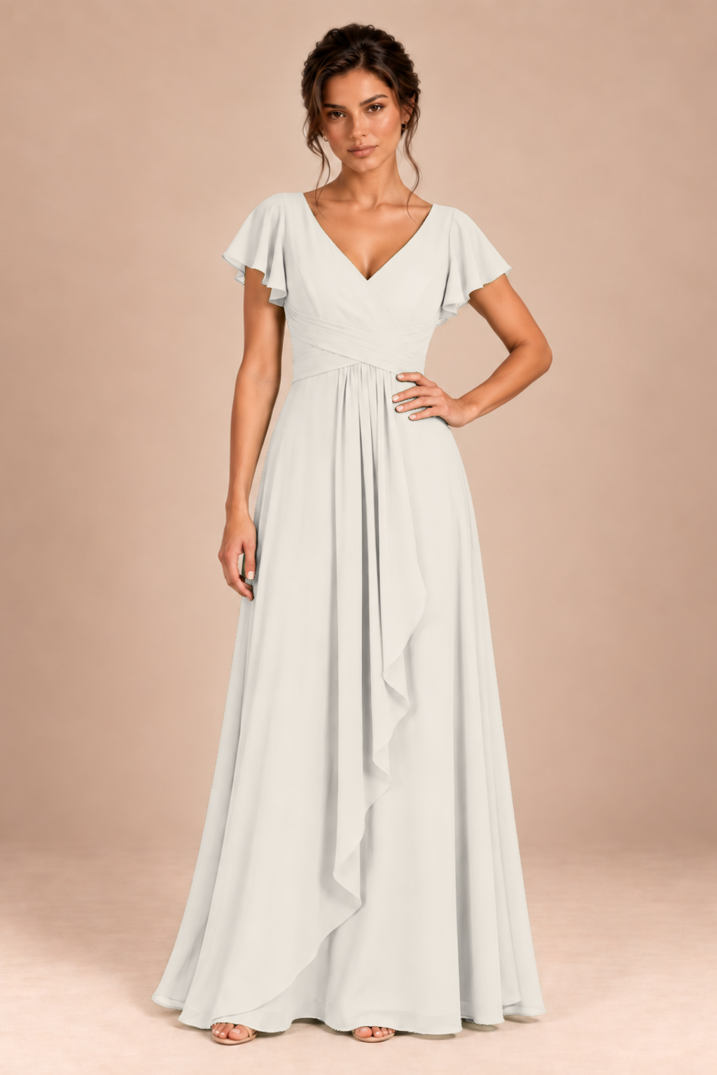V-Neck Flutter Sleeve Chiffon Bridesmaid Dress