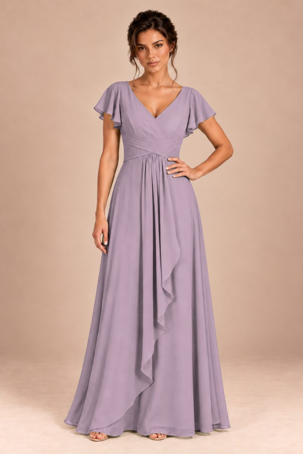 V-Neck Flutter Sleeve Chiffon Bridesmaid Dress