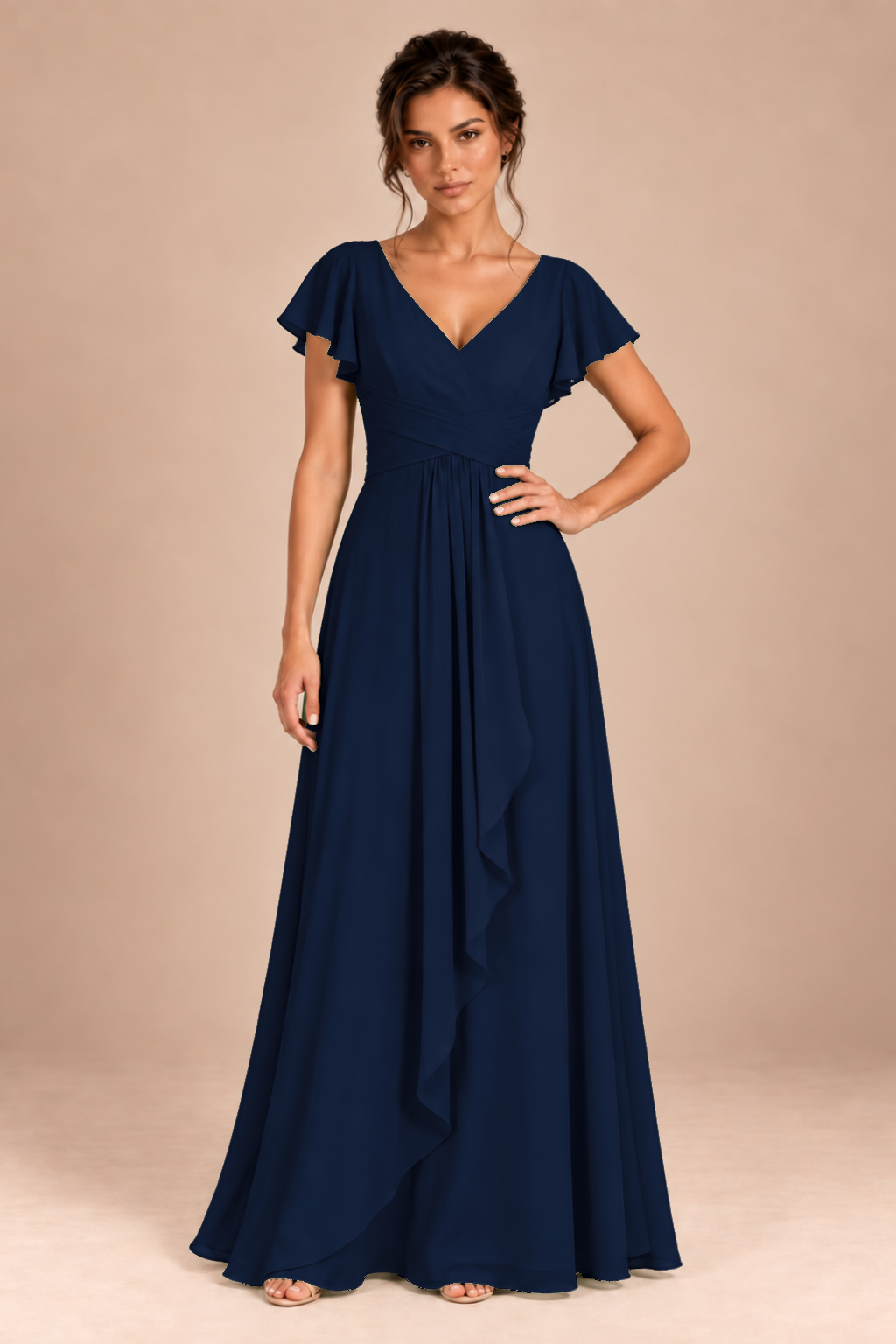 V-Neck Flutter Sleeve Chiffon Bridesmaid Dress