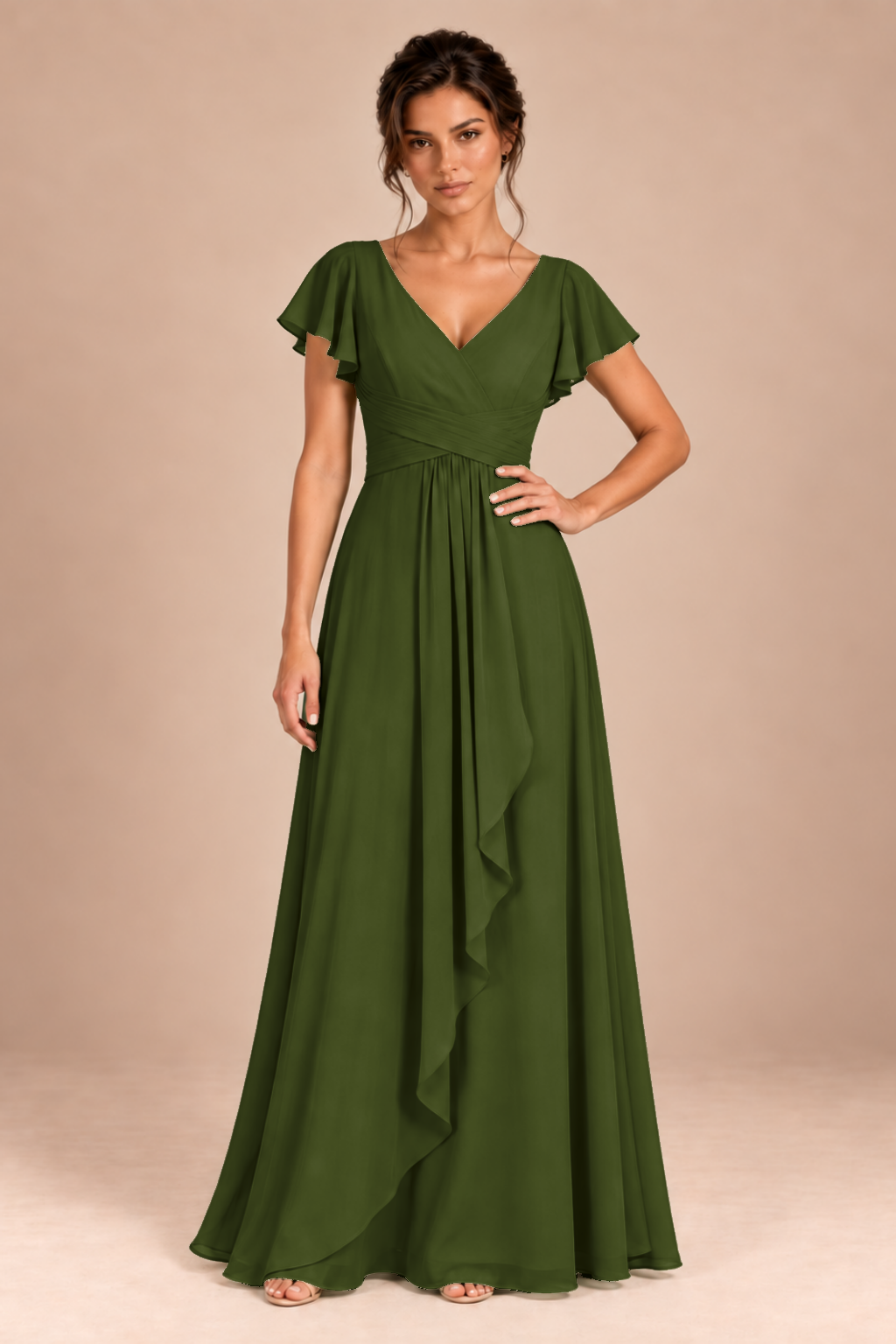 V-Neck Flutter Sleeve Chiffon Bridesmaid Dress