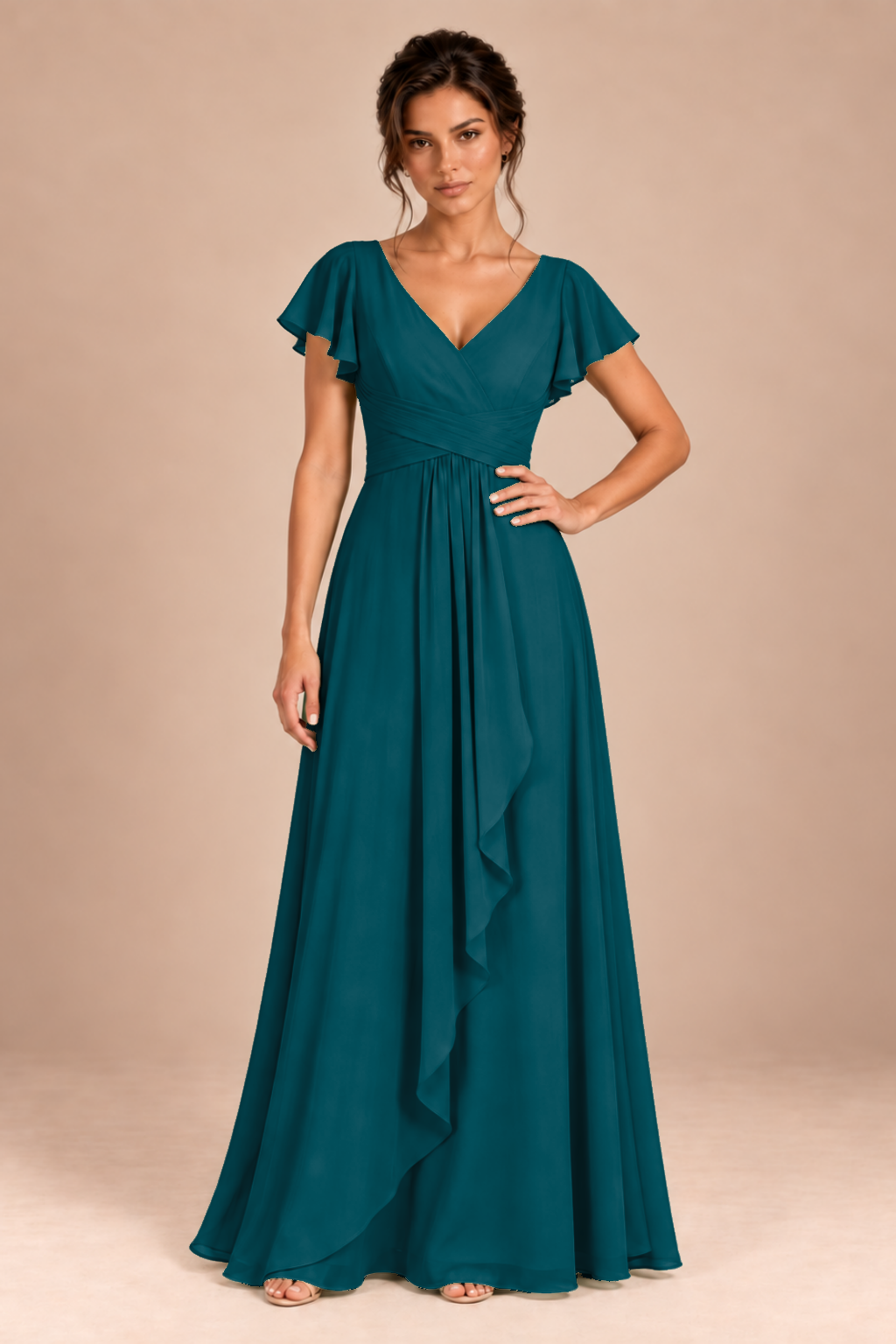 V-Neck Flutter Sleeve Chiffon Bridesmaid Dress