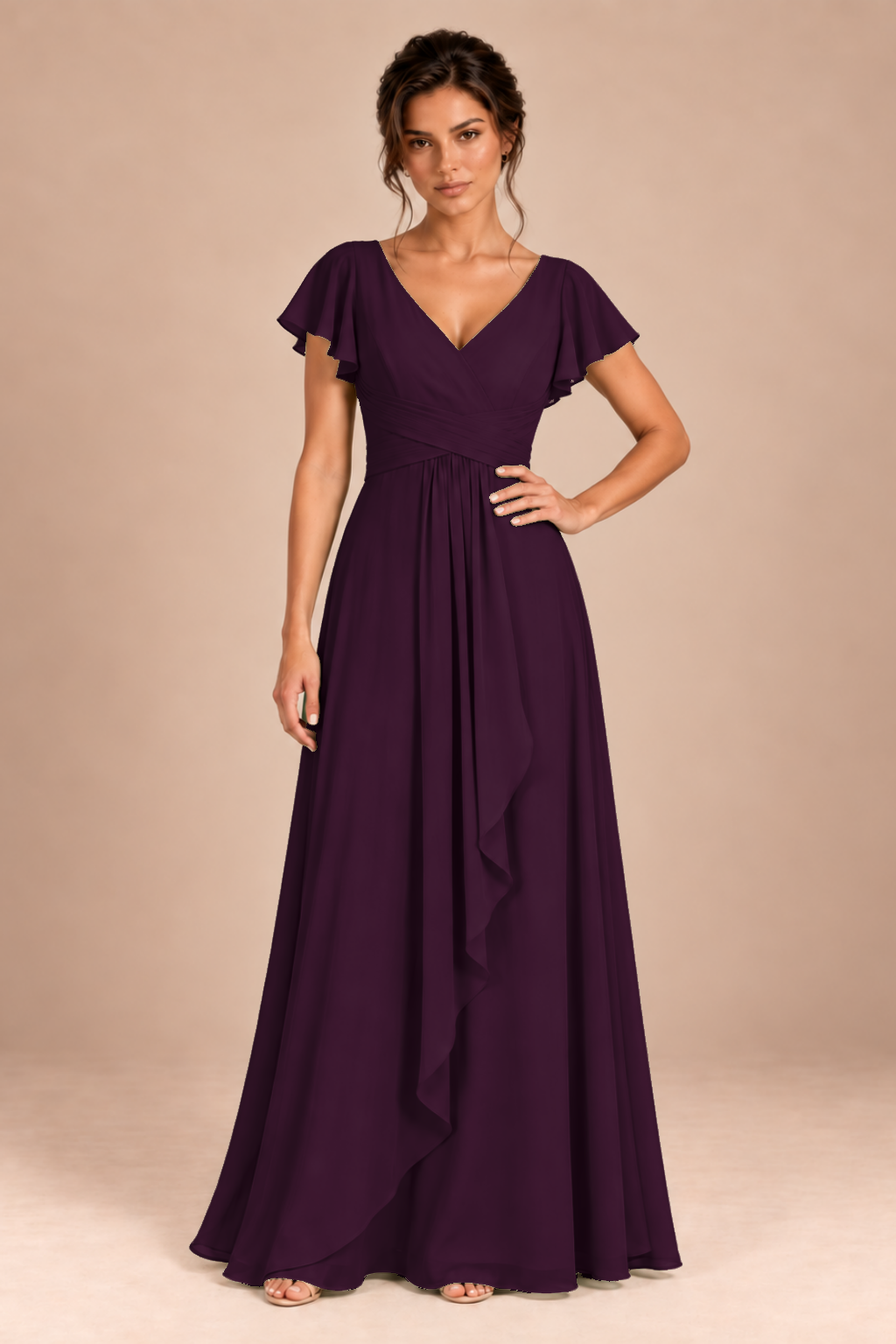 V-Neck Flutter Sleeve Chiffon Bridesmaid Dress