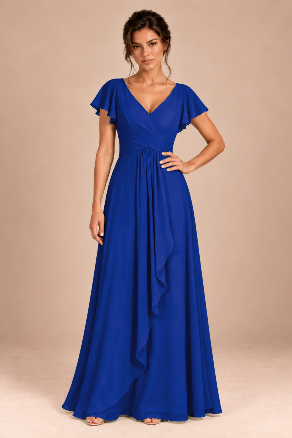 V-Neck Flutter Sleeve Chiffon Bridesmaid Dress