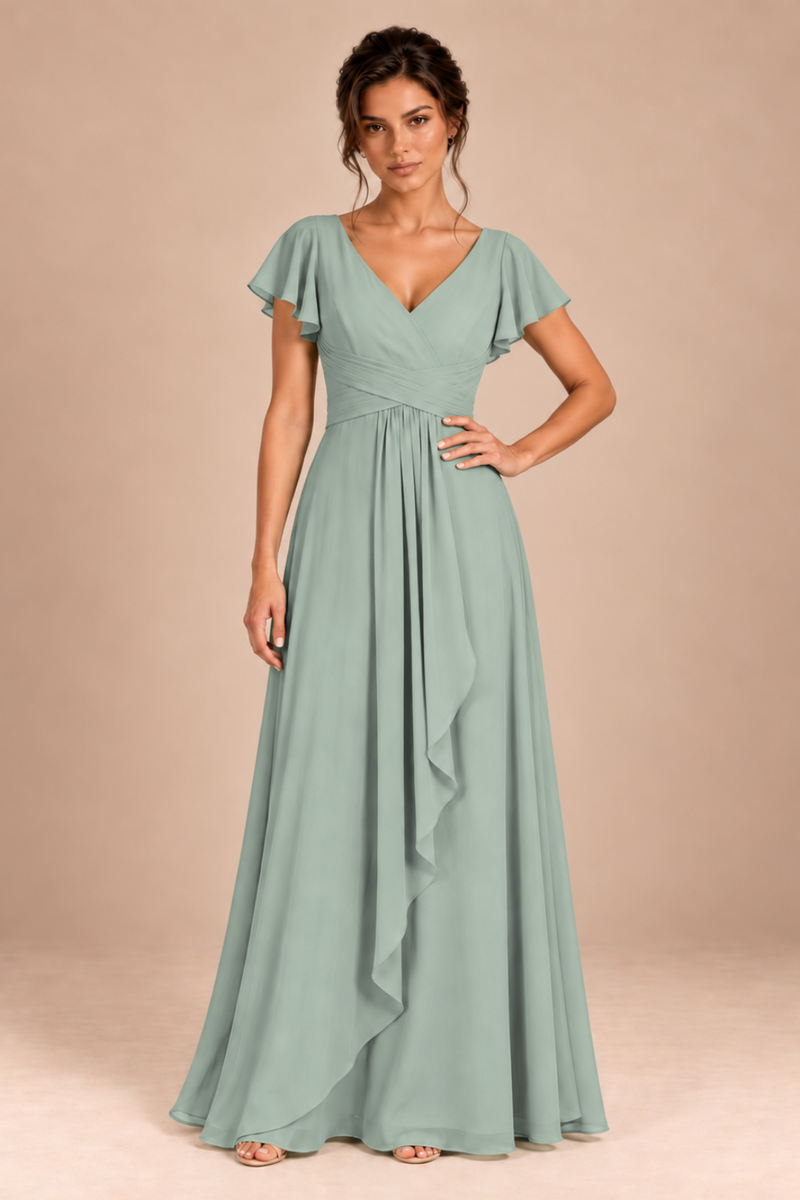 V-Neck Flutter Sleeve Chiffon Bridesmaid Dress