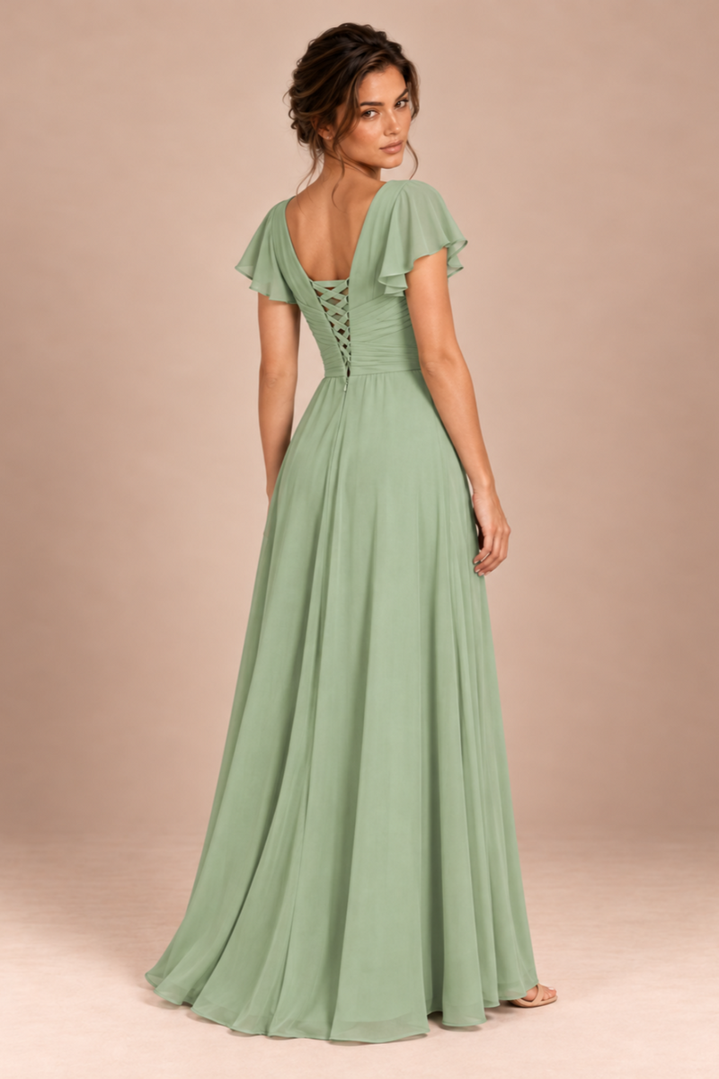 V-Neck Flutter Sleeve Chiffon Bridesmaid Dress