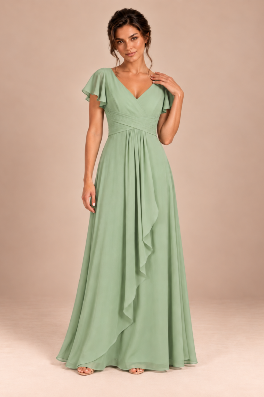 V-Neck Flutter Sleeve Chiffon Bridesmaid Dress
