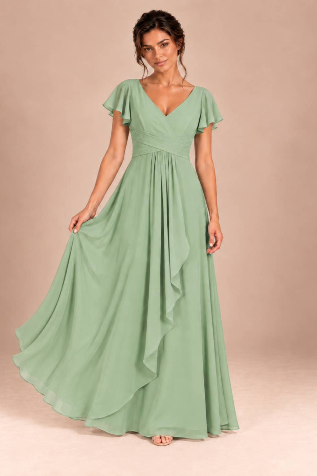 V-Neck Flutter Sleeve Chiffon Bridesmaid Dress