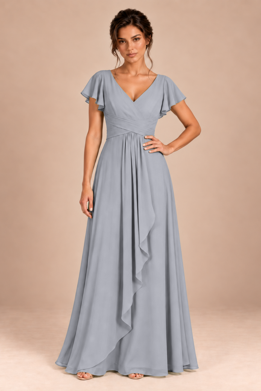 V-Neck Flutter Sleeve Chiffon Bridesmaid Dress