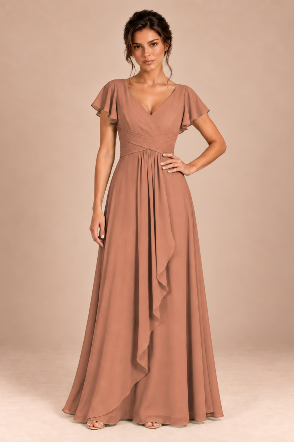 V-Neck Flutter Sleeve Chiffon Bridesmaid Dress