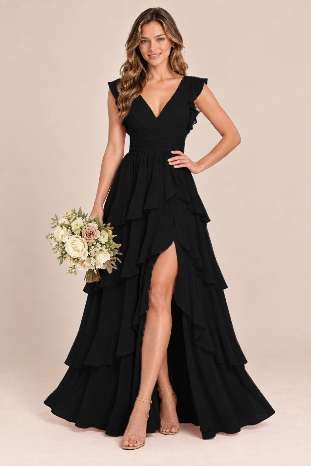 V-Neck Tiered Ruffle Chiffon Bridesmaid Dress