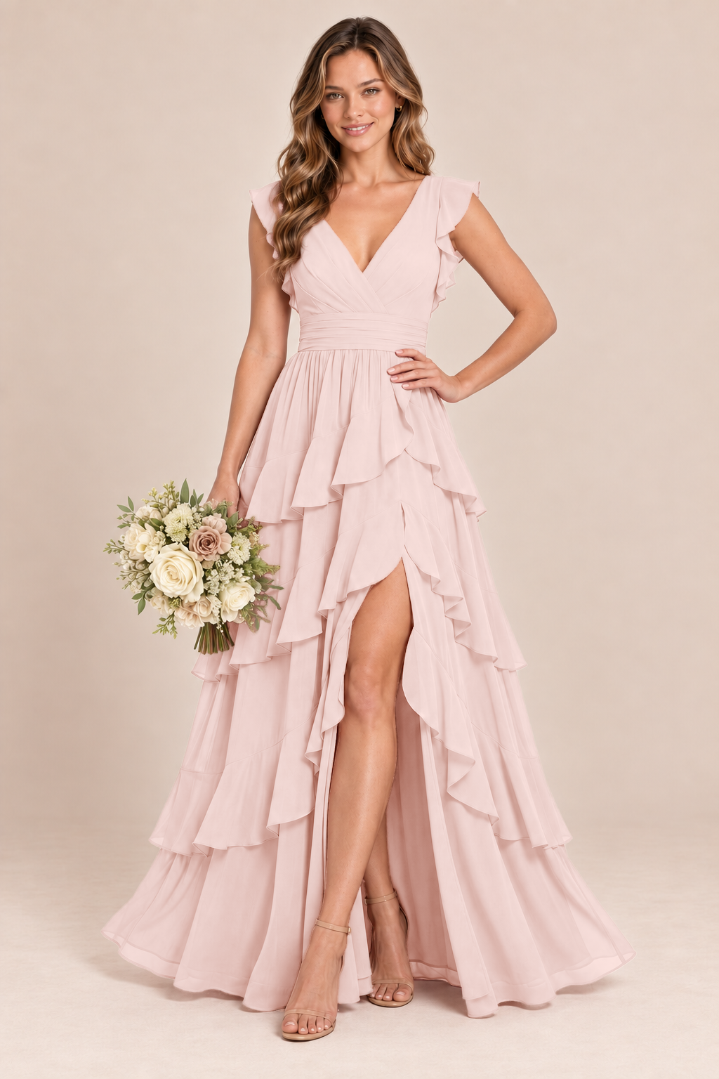 V-Neck Tiered Ruffle Chiffon Bridesmaid Dress