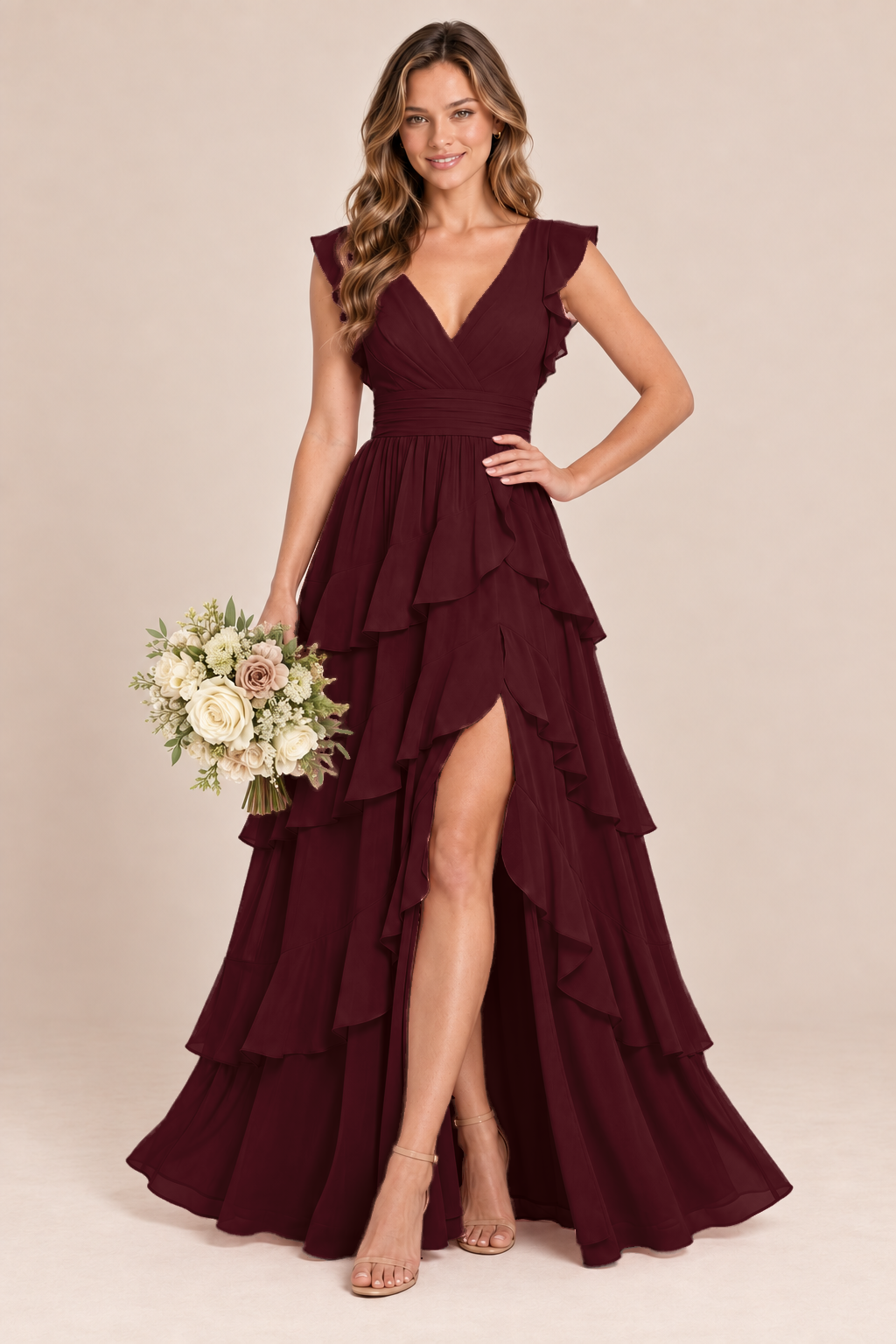 V-Neck Tiered Ruffle Chiffon Bridesmaid Dress