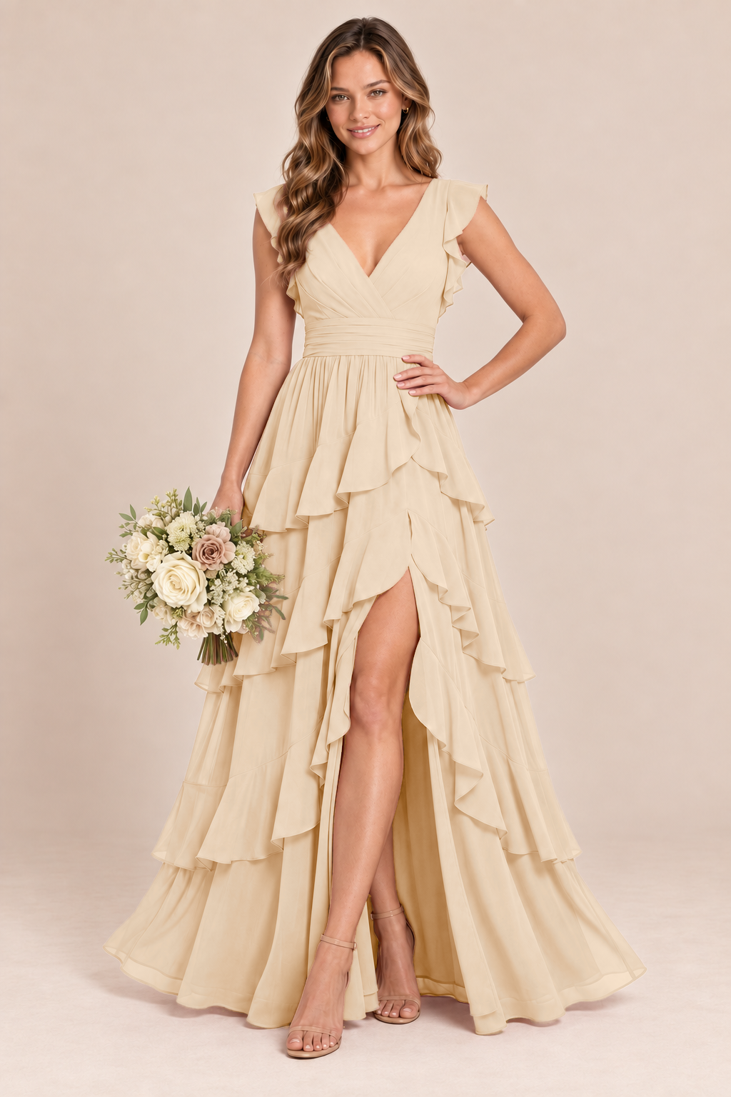 V-Neck Tiered Ruffle Chiffon Bridesmaid Dress