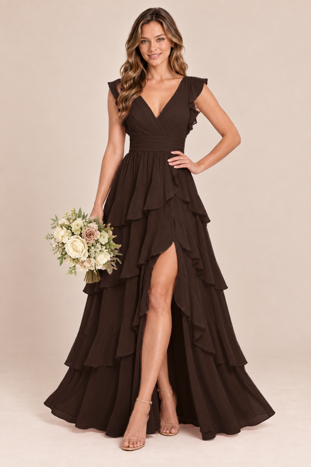V-Neck Tiered Ruffle Chiffon Bridesmaid Dress