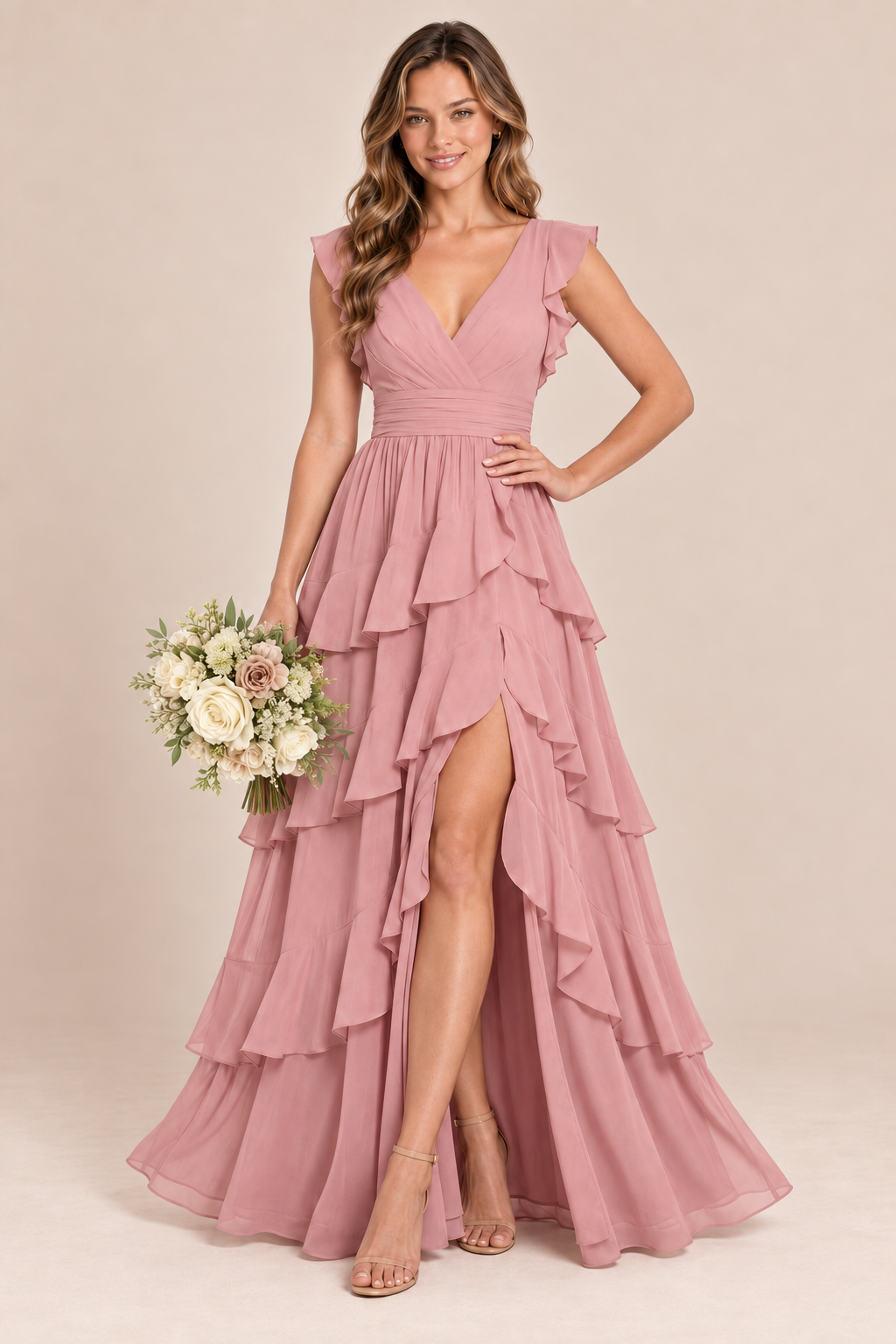 V-Neck Tiered Ruffle Chiffon Bridesmaid Dress