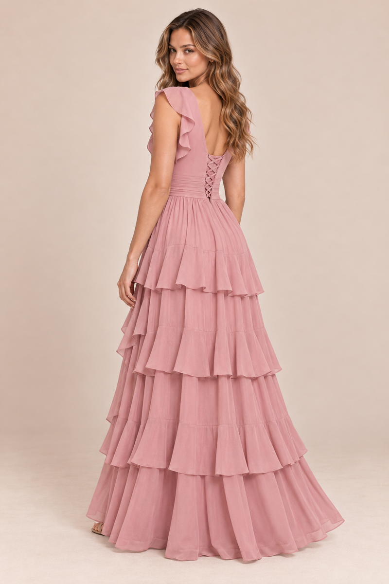 Dusty rose ruffles sleeve chiffon dress, back view showing the lace-up design