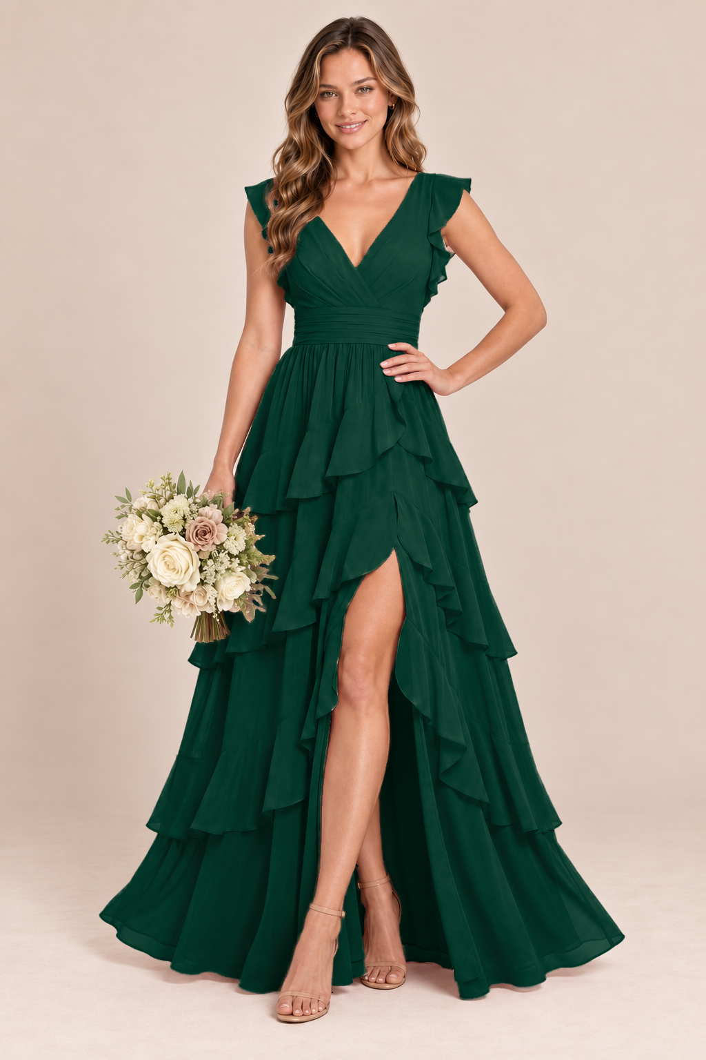 V-Neck Tiered Ruffle Chiffon Bridesmaid Dress