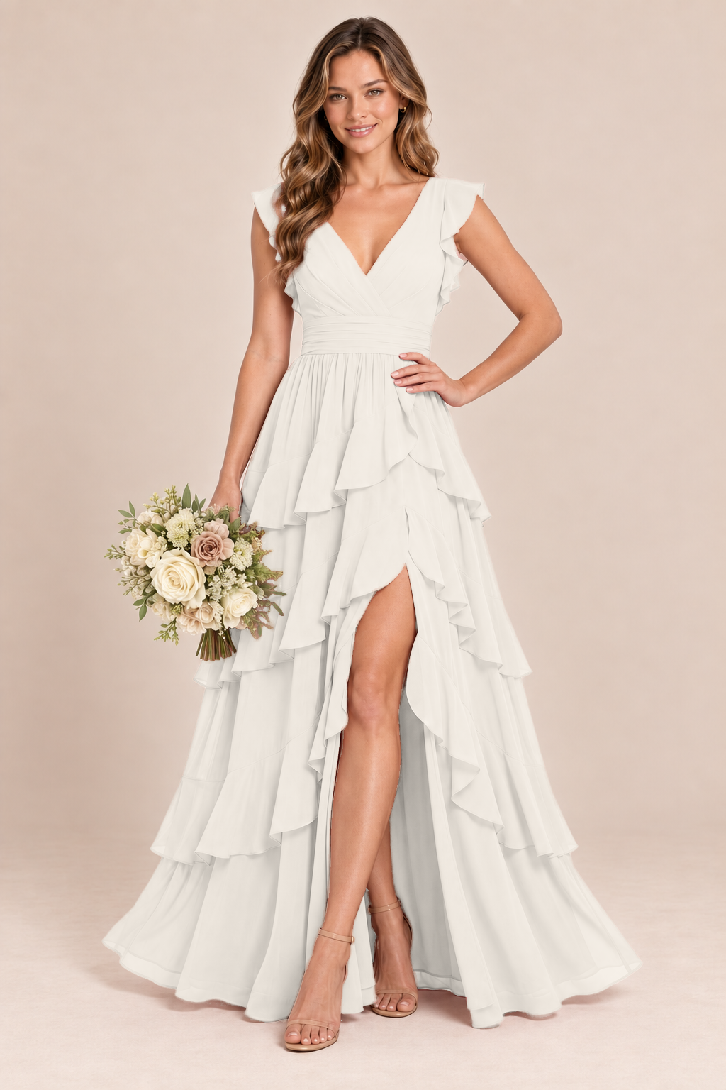 V-Neck Tiered Ruffle Chiffon Bridesmaid Dress