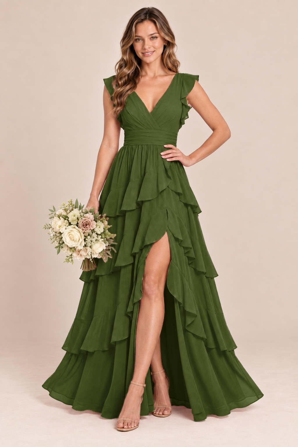 V-Neck Tiered Ruffle Chiffon Bridesmaid Dress