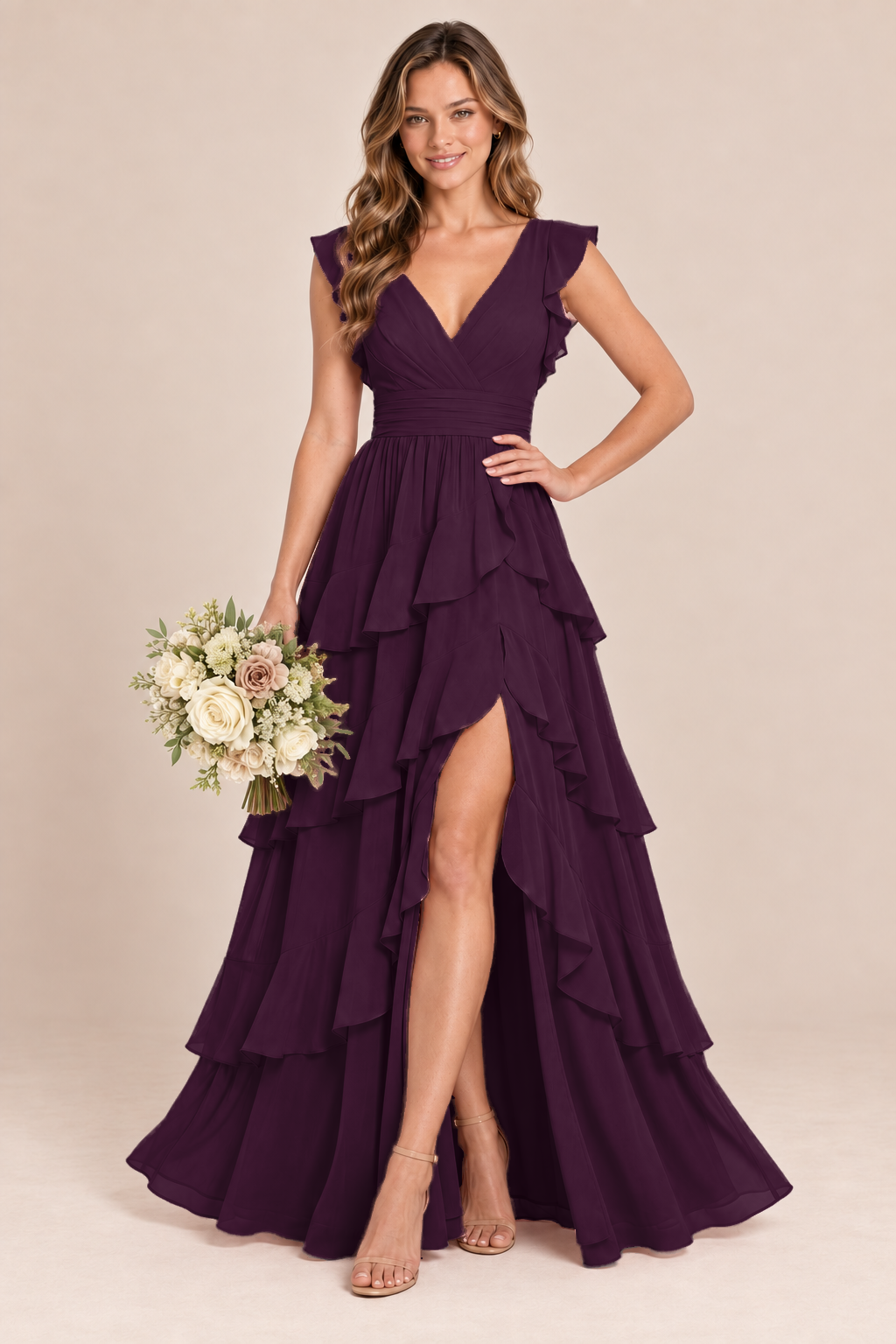 V-Neck Tiered Ruffle Chiffon Bridesmaid Dress