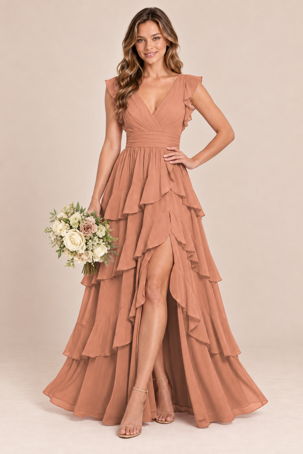 V-Neck Tiered Ruffle Chiffon Bridesmaid Dress