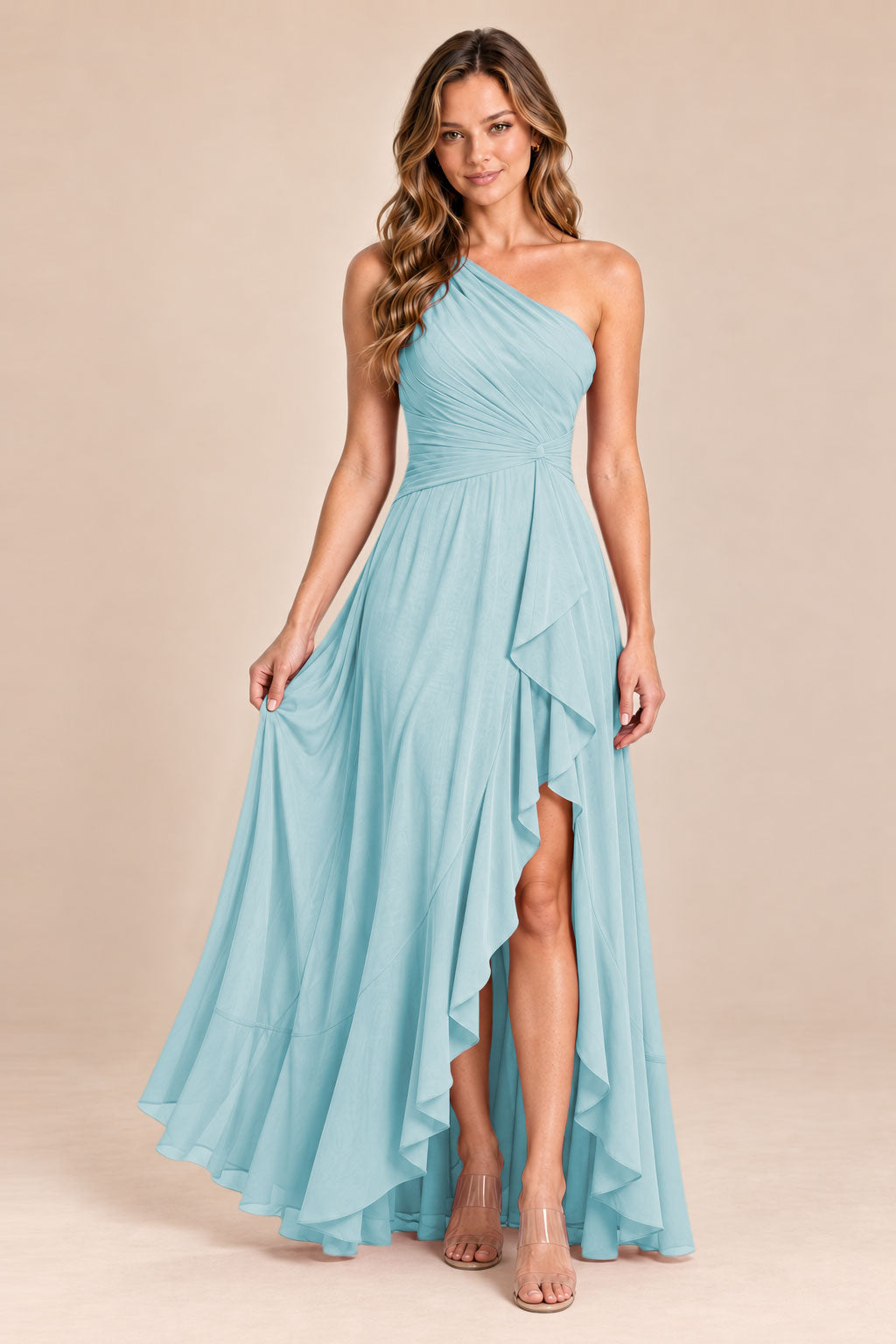 baby blue one shoulder keyhole chiffon bridesmaid dress with slit, front view