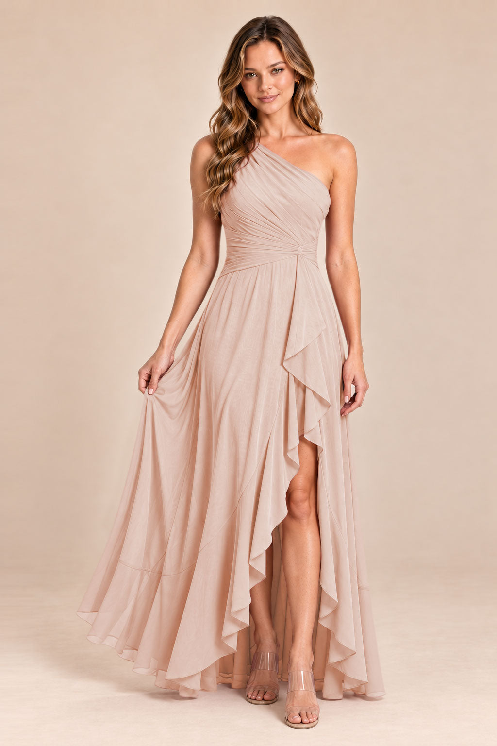 blush pink one shoulder keyhole chiffon bridesmaid dress with slit, front view