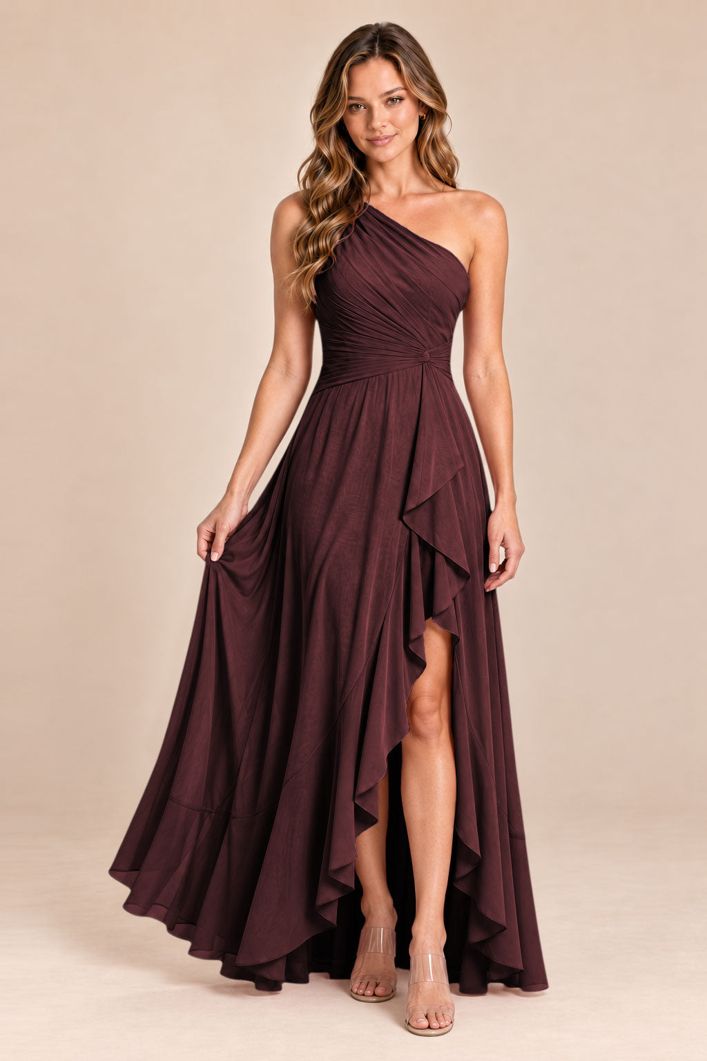 burgundy one shoulder keyhole chiffon bridesmaid dress with slit, front view