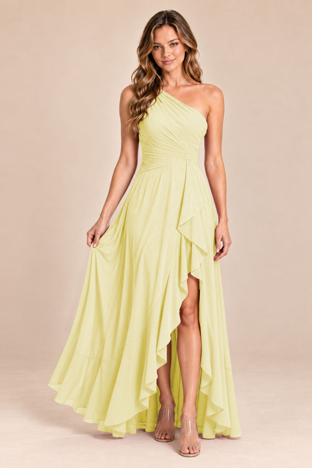 butter yellow one shoulder keyhole chiffon bridesmaid dress with slit, front view