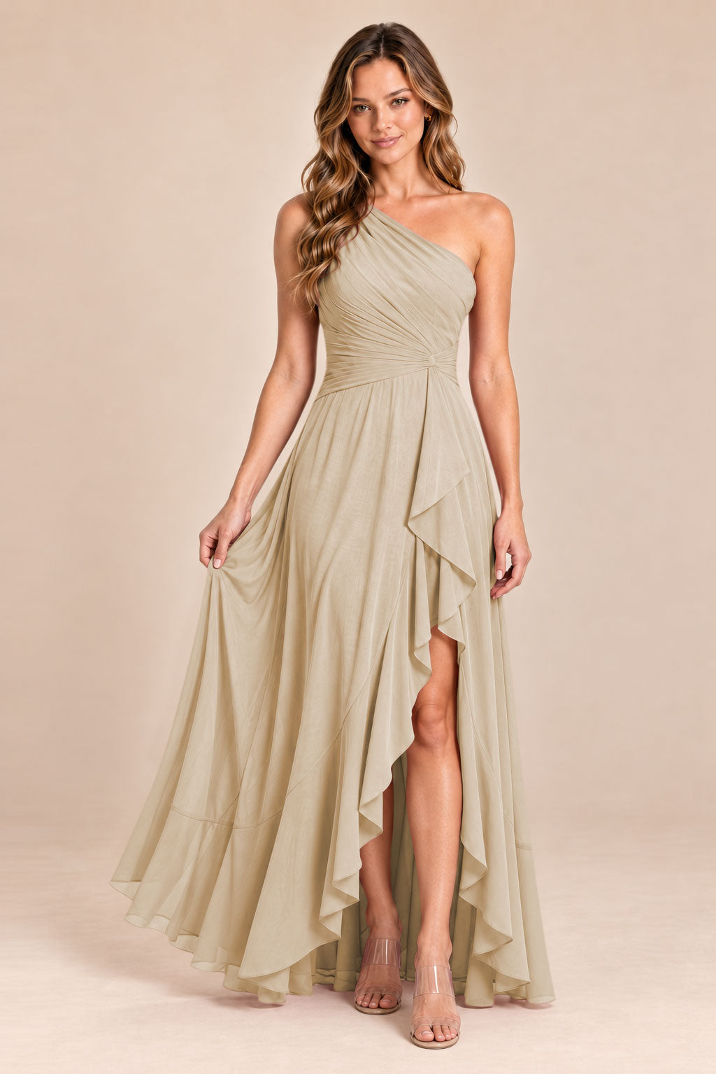 champagne one shoulder keyhole chiffon bridesmaid dress with slit, front view