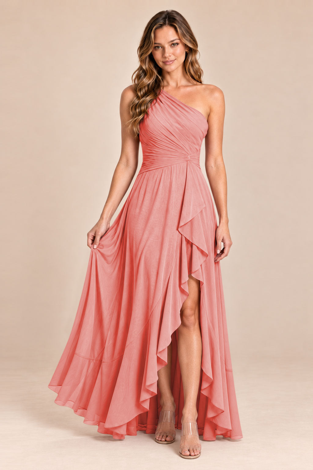 coral one shoulder keyhole chiffon bridesmaid dress with slit, front view