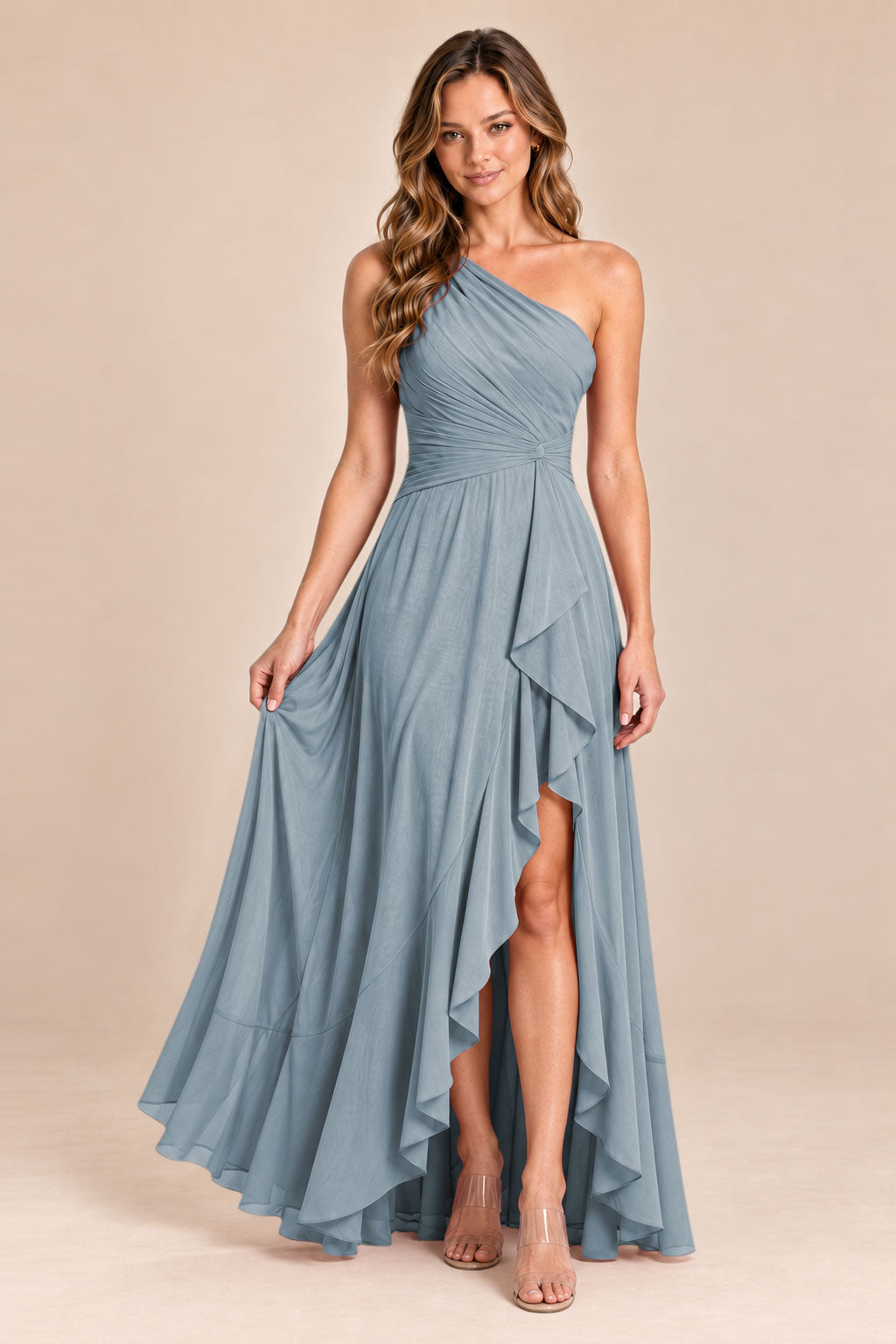 dusty blue one shoulder keyhole chiffon bridesmaid dress with slit, front view