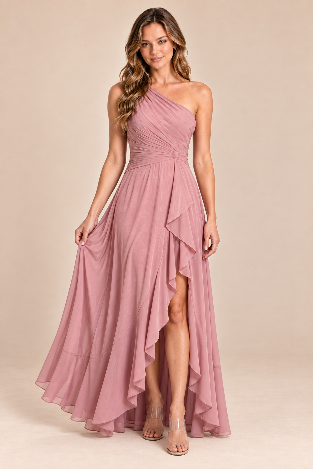 dusty rose one shoulder keyhole chiffon bridesmaid dress with slit, front view