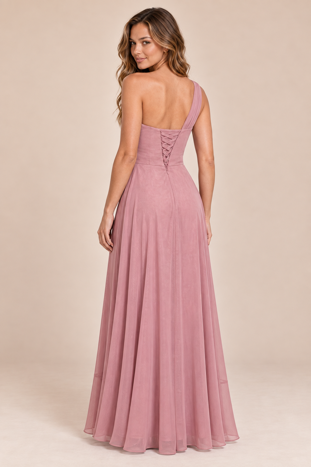 dusty rose one shoulder keyhole chiffon bridesmaid dress with slit, back view
