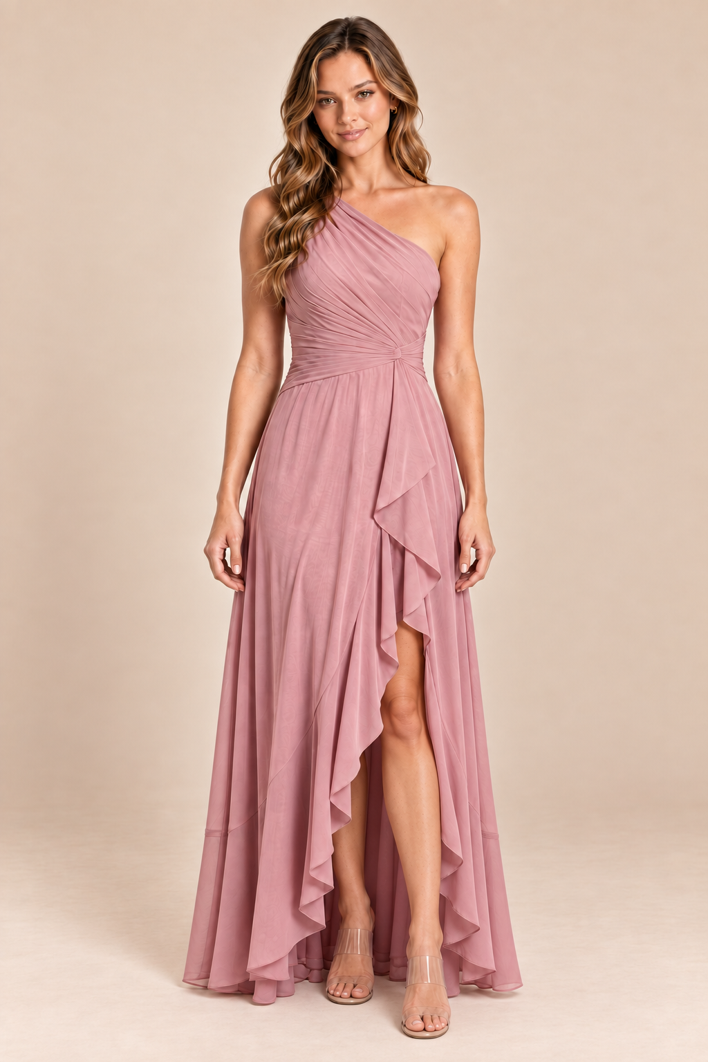 dusty rose one shoulder keyhole chiffon bridesmaid dress with slit, three-quarter view