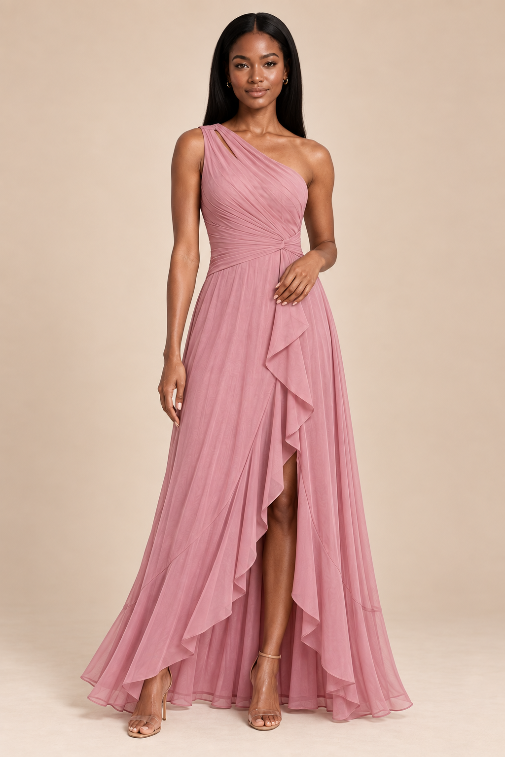 dusty rose one shoulder keyhole chiffon bridesmaid dress with slit, three quarter view