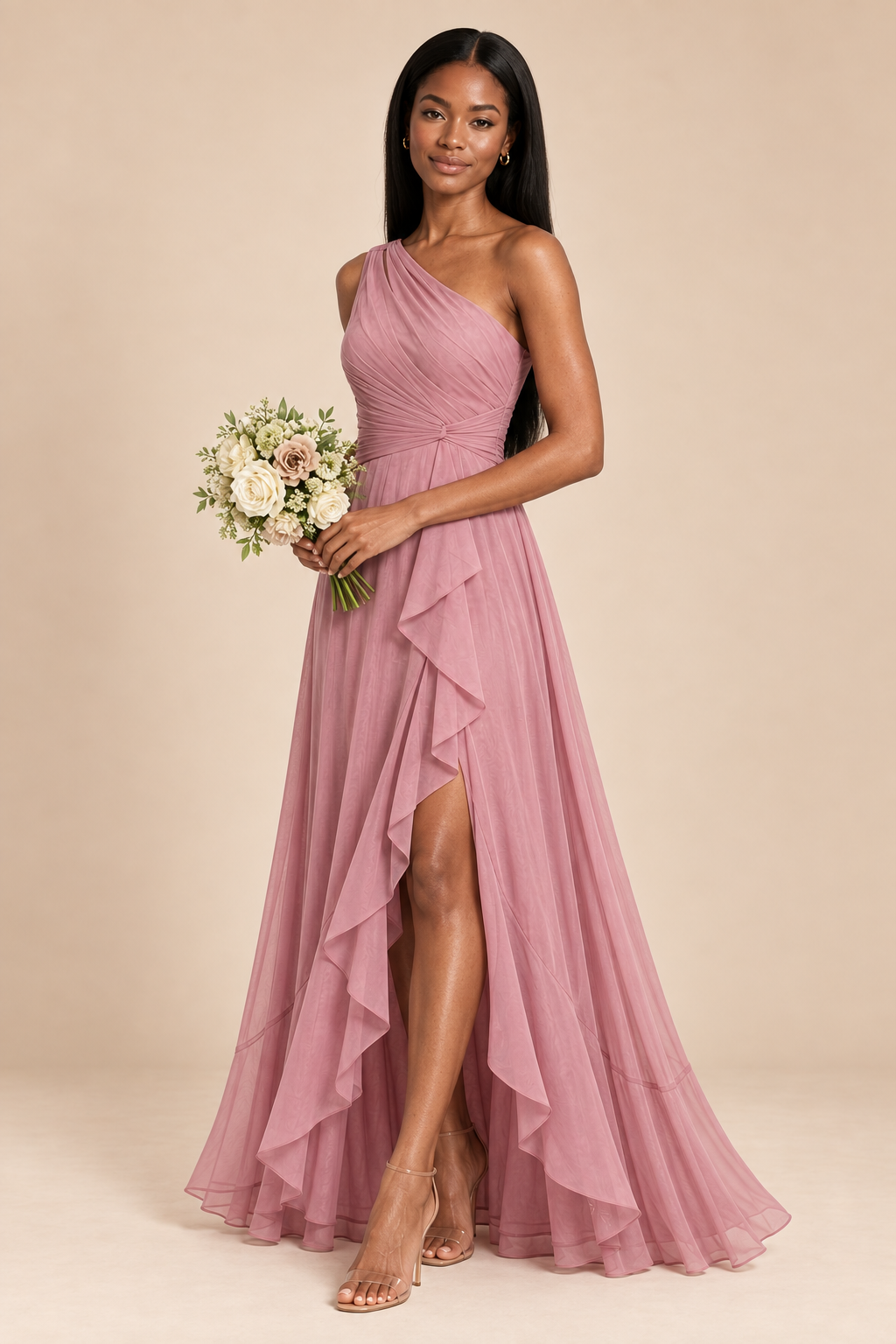 dusty rose one shoulder keyhole chiffon bridesmaid dress with slit, side view