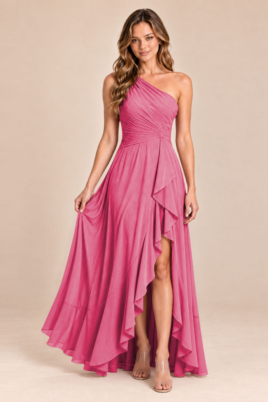 hot pink one shoulder keyhole chiffon bridesmaid dress with slit, front view